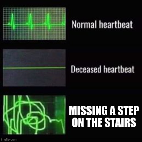 you literally die for a second | MISSING A STEP ON THE STAIRS | image tagged in heartbeat rate | made w/ Imgflip meme maker