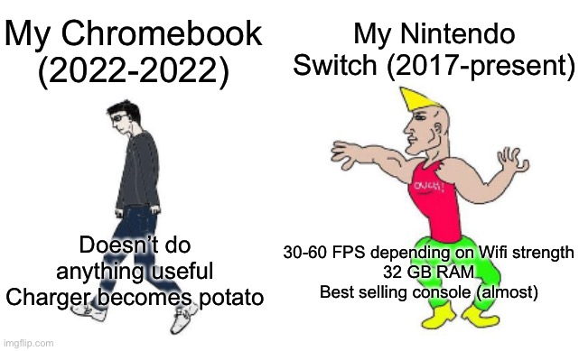 Virgin vs Chad | My Nintendo Switch (2017-present); My Chromebook (2022-2022); 30-60 FPS depending on Wifi strength
32 GB RAM
Best selling console (almost); Doesn’t do anything useful
Charger becomes potato | image tagged in virgin vs chad | made w/ Imgflip meme maker