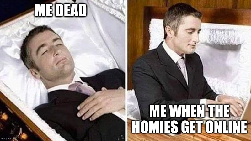 Deceased man in Coffin Typing | ME DEAD; ME WHEN THE HOMIES GET ONLINE | image tagged in deceased man in coffin typing | made w/ Imgflip meme maker