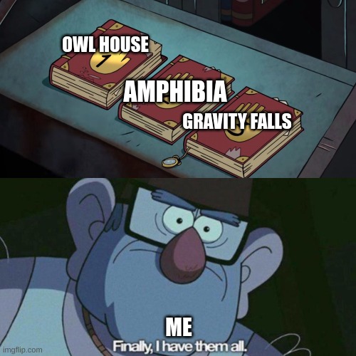 yes | OWL HOUSE; AMPHIBIA; GRAVITY FALLS; ME | image tagged in i have them all | made w/ Imgflip meme maker