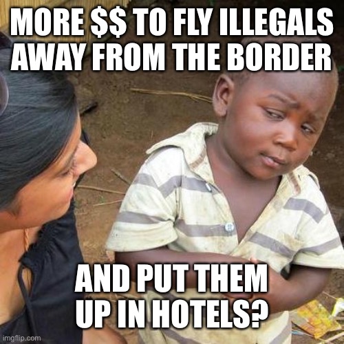 Third World Skeptical Kid Meme | MORE $$ TO FLY ILLEGALS AWAY FROM THE BORDER AND PUT THEM UP IN HOTELS? | image tagged in memes,third world skeptical kid | made w/ Imgflip meme maker
