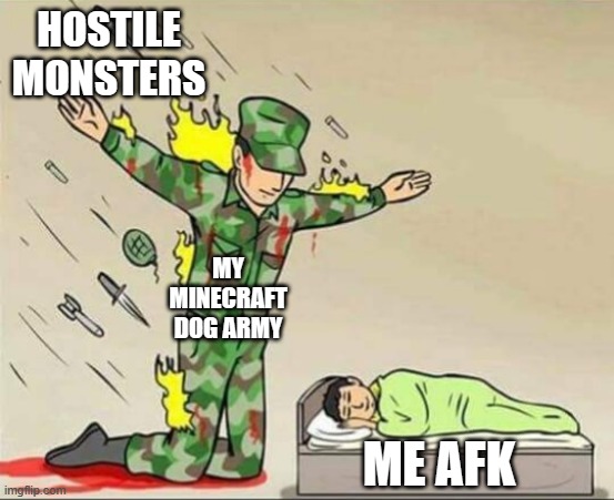 There's always a time in the game where we have enough dogs to do this :) | HOSTILE MONSTERS; MY MINECRAFT DOG ARMY; ME AFK | image tagged in soldier protecting sleeping child | made w/ Imgflip meme maker