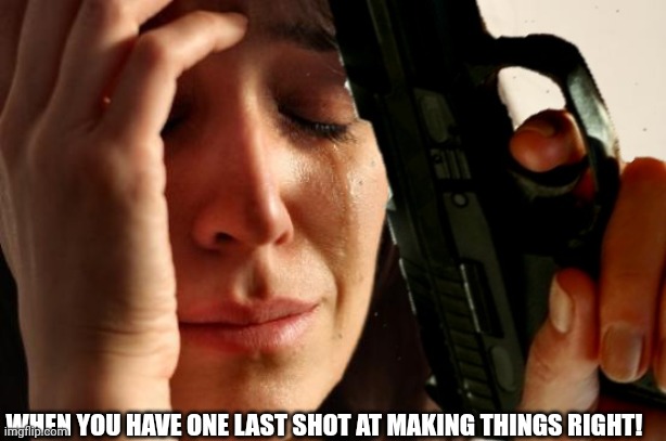 One last shot | WHEN YOU HAVE ONE LAST SHOT AT MAKING THINGS RIGHT! | image tagged in first world problems,suicide,gun | made w/ Imgflip meme maker
