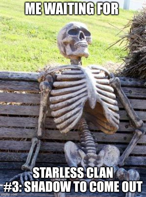 i have to wait till AUGUST!!!!! | ME WAITING FOR; STARLESS CLAN #3: SHADOW TO COME OUT | image tagged in memes,waiting skeleton | made w/ Imgflip meme maker