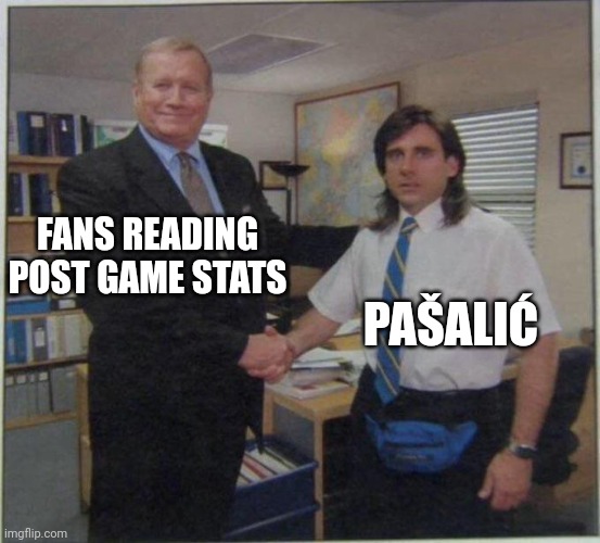 the office handshake | FANS READING POST GAME STATS; PAŠALIĆ | image tagged in the office handshake | made w/ Imgflip meme maker