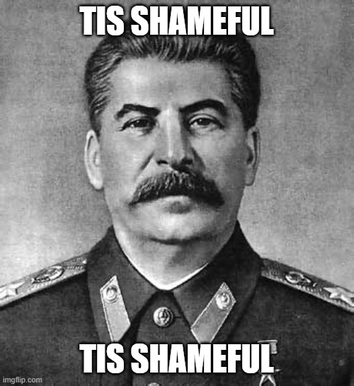 Sad Stalin | TIS SHAMEFUL TIS SHAMEFUL | image tagged in sad stalin | made w/ Imgflip meme maker