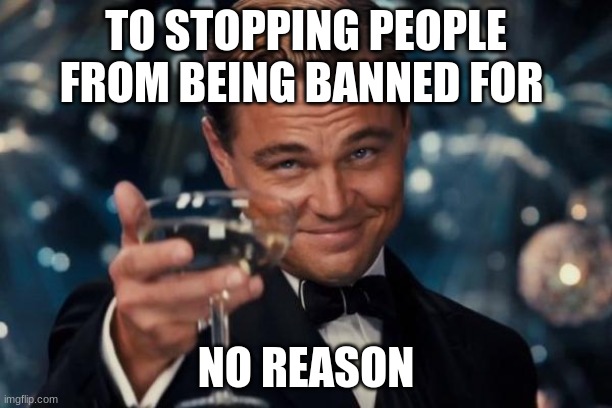 Leonardo Dicaprio Cheers | TO STOPPING PEOPLE FROM BEING BANNED FOR; NO REASON | image tagged in memes,leonardo dicaprio cheers | made w/ Imgflip meme maker
