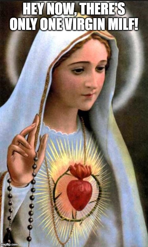 Virgin Mary | HEY NOW, THERE'S ONLY ONE VIRGIN MILF! | image tagged in virgin mary | made w/ Imgflip meme maker