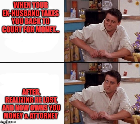Lost court | WHEN YOUR EX-HUSBAND TAKES YOU BACK TO COURT FOR MONEY... AFTER, REALIZING HE LOST, AND NOW OWNS YOU MONEY & ATTORNEY | image tagged in comprehending joey | made w/ Imgflip meme maker