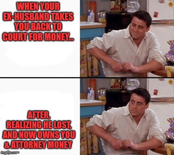Ex lost court | WHEN YOUR EX-HUSBAND TAKES YOU BACK TO COURT FOR MONEY... AFTER, REALIZING HE LOST, AND NOW OWNS YOU & ATTORNEY MONEY | image tagged in comprehending joey | made w/ Imgflip meme maker