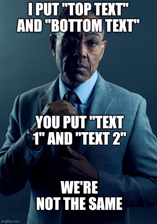 Gus Fring we are not the same | I PUT "TOP TEXT" AND "BOTTOM TEXT"; YOU PUT "TEXT 1" AND "TEXT 2"; WE'RE NOT THE SAME | image tagged in gus fring we are not the same | made w/ Imgflip meme maker