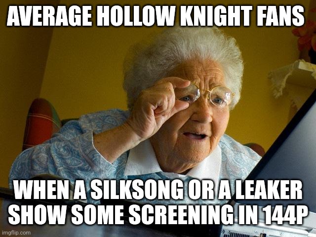 Grandma Finds The Internet | AVERAGE HOLLOW KNIGHT FANS; WHEN A SILKSONG OR A LEAKER SHOW SOME SCREENING IN 144P | image tagged in memes,grandma finds the internet | made w/ Imgflip meme maker