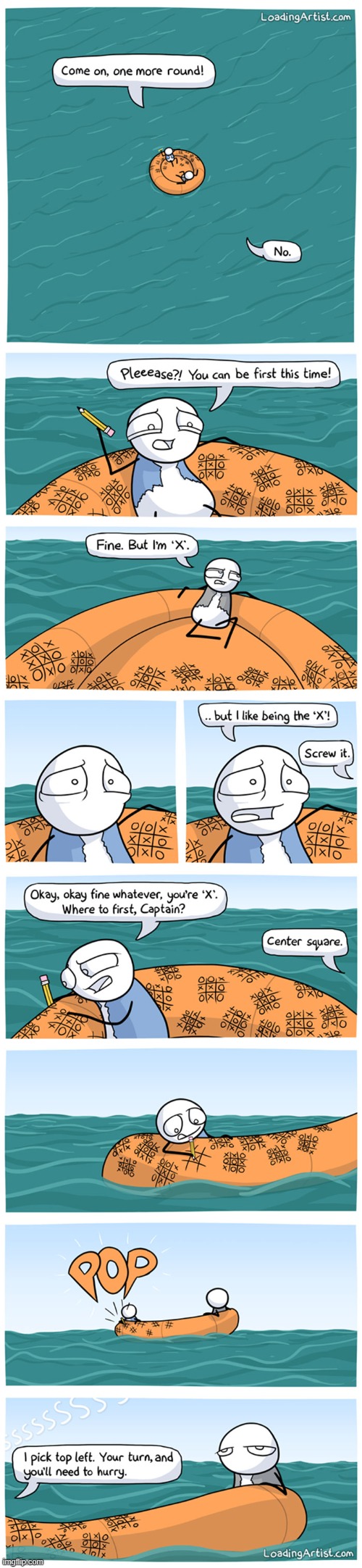 I would've just grabbed the pencil and thrown it into the ocean | image tagged in boat,ocean,stranded,pencil,tic-tac-toe,tic tac toe | made w/ Imgflip meme maker