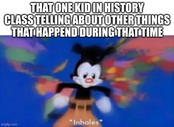 *inhales deeply* | THAT ONE KID IN HISTORY CLASS TELLING ABOUT OTHER THINGS THAT HAPPEND DURING THAT TIME | image tagged in yakko inhale | made w/ Imgflip meme maker