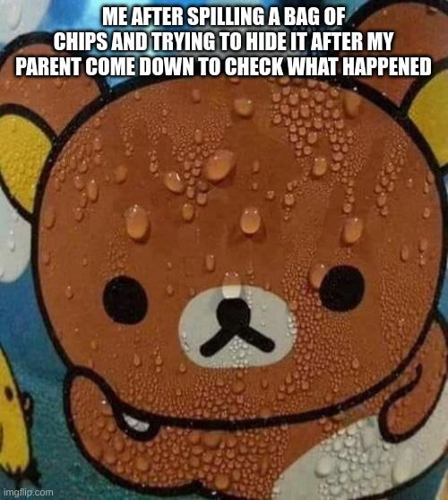 Bear sweating nervously | ME AFTER SPILLING A BAG OF CHIPS AND TRYING TO HIDE IT AFTER MY PARENT COME DOWN TO CHECK WHAT HAPPENED | image tagged in bear sweating nervously | made w/ Imgflip meme maker