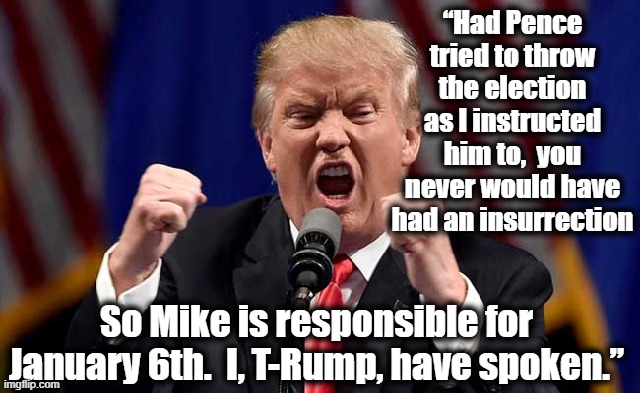Raging Trump | “Had Pence tried to throw the election as I instructed him to,  you never would have had an insurrection; So Mike is responsible for January 6th.  I, T-Rump, have spoken.” | image tagged in donald trump,donald trump you're fired,maga,trump to gop,donald trump approves,gop hypocrite | made w/ Imgflip meme maker