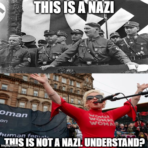 Um, i think the LGBTQ community is confused on what a nazi is. | THIS IS A NAZI; THIS IS NOT A NAZI. UNDERSTAND? | image tagged in nazi,women's refuge,posie parker | made w/ Imgflip meme maker