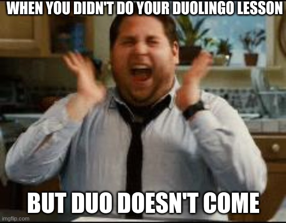 He will find out soon | WHEN YOU DIDN'T DO YOUR DUOLINGO LESSON; BUT DUO DOESN'T COME | image tagged in excited,memes,duolingo | made w/ Imgflip meme maker