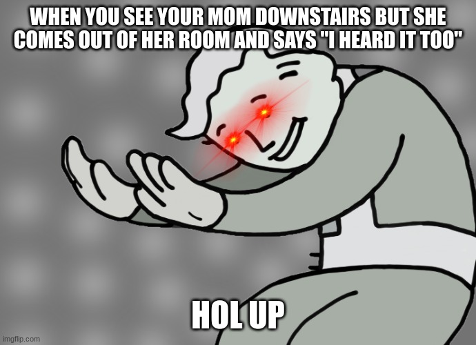 HECK NAH TO THE NAH NAH NAH | WHEN YOU SEE YOUR MOM DOWNSTAIRS BUT SHE COMES OUT OF HER ROOM AND SAYS "I HEARD IT TOO"; HOL UP | image tagged in hol up,oh hell no,oh wow are you actually reading these tags,why are you reading this | made w/ Imgflip meme maker