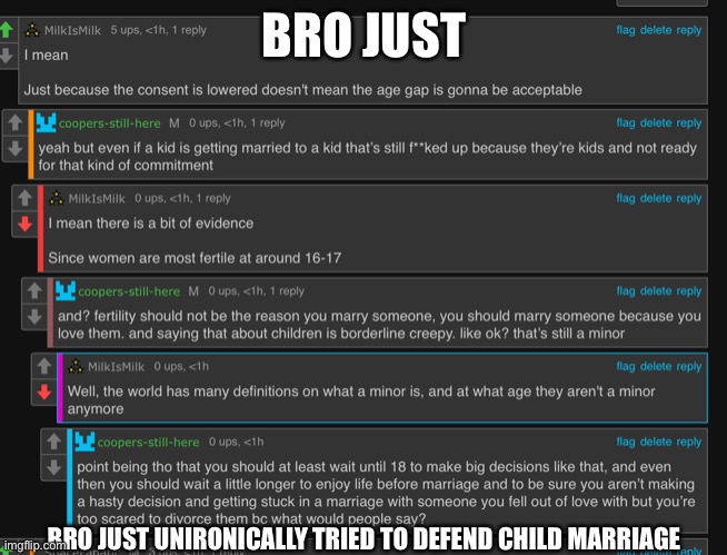 BRO JUST; BRO JUST UNIRONICALLY TRIED TO DEFEND CHILD MARRIAGE | made w/ Imgflip meme maker