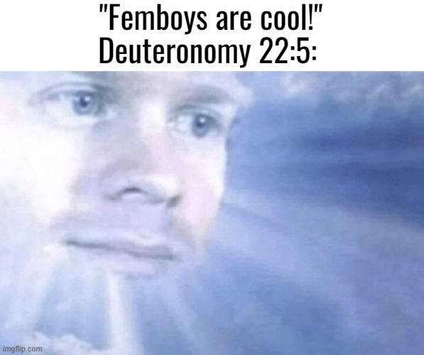 White Guy staring from the sky | "Femboys are cool!"
Deuteronomy 22:5: | image tagged in white guy staring from the sky | made w/ Imgflip meme maker
