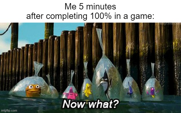 I would be really happy then bored | Me 5 minutes
after completing 100% in a game: | image tagged in now what,gaming | made w/ Imgflip meme maker