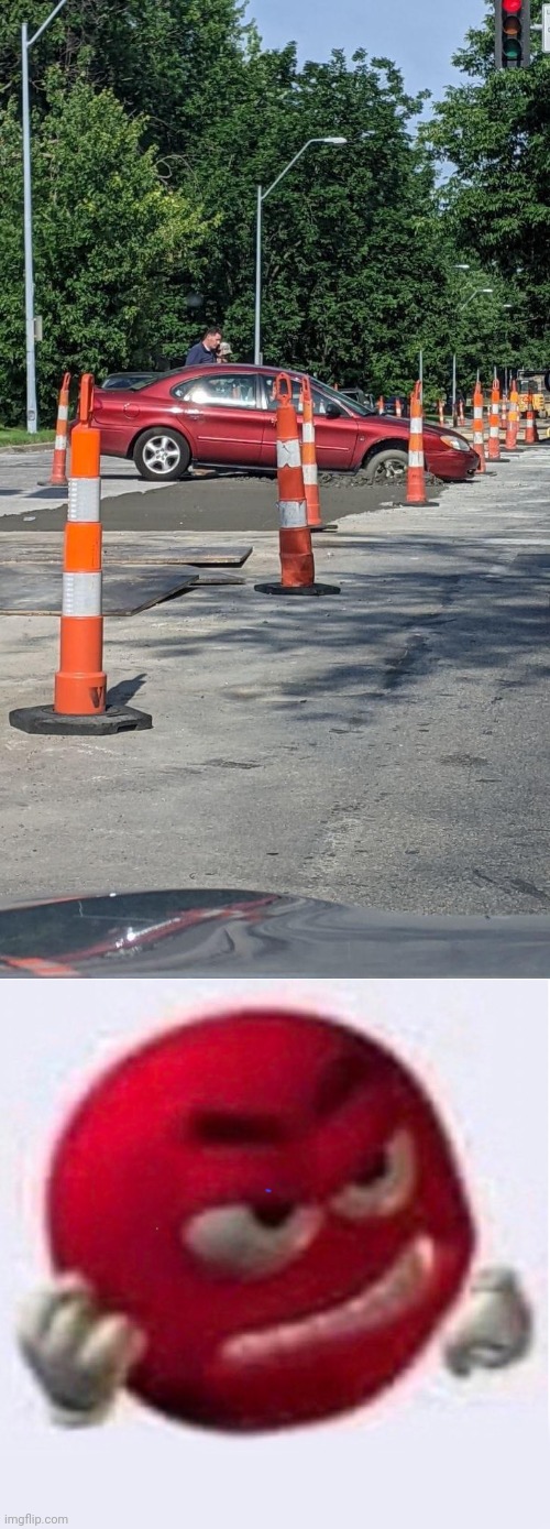 Car stuck on the road | image tagged in angry red emoji shaking hand,you had one job,car,road,memes,cones | made w/ Imgflip meme maker