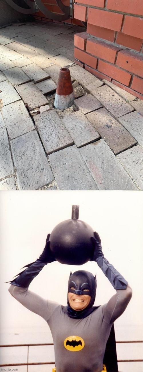 Cone stuck in bricks | image tagged in batman bomb,cones,cone,you had one job,bricks,memes | made w/ Imgflip meme maker