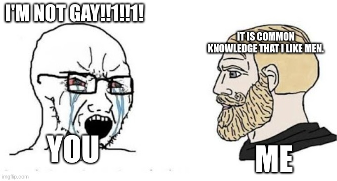 Soyjak vs Chad | I'M NOT GAY!!1!!1! IT IS COMMON KNOWLEDGE THAT I LIKE MEN. YOU ME | image tagged in soyjak vs chad | made w/ Imgflip meme maker