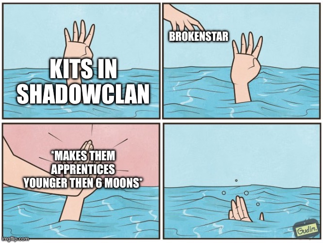 High five drown | BROKENSTAR; KITS IN SHADOWCLAN; *MAKES THEM APPRENTICES YOUNGER THEN 6 MOONS* | image tagged in high five drown,warrior cats | made w/ Imgflip meme maker