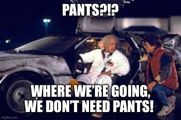 Pants?!? | PANTS?!? WHERE WE’RE GOING, WE DON’T NEED PANTS! | image tagged in doc brown y marty | made w/ Imgflip meme maker