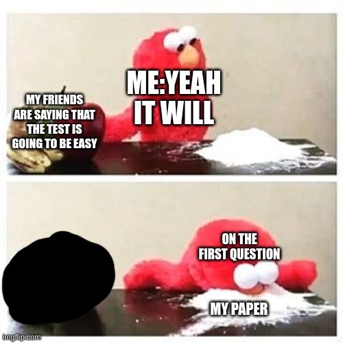 Relatable? | ME:YEAH IT WILL; MY FRIENDS ARE SAYING THAT THE TEST IS GOING TO BE EASY; ON THE FIRST QUESTION; MY PAPER | image tagged in elmo cocaine | made w/ Imgflip meme maker