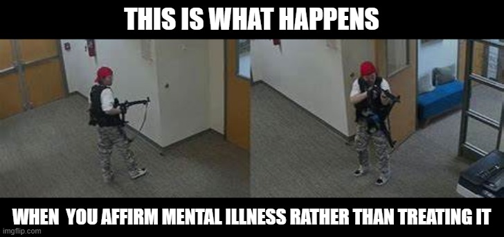 THIS IS WHAT HAPPENS; WHEN  YOU AFFIRM MENTAL ILLNESS RATHER THAN TREATING IT | made w/ Imgflip meme maker