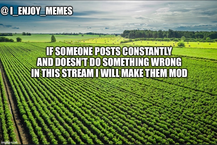 I_enjoy_memes_template | IF SOMEONE POSTS CONSTANTLY AND DOESN’T DO SOMETHING WRONG IN THIS STREAM I WILL MAKE THEM MOD | image tagged in i_enjoy_memes_template | made w/ Imgflip meme maker