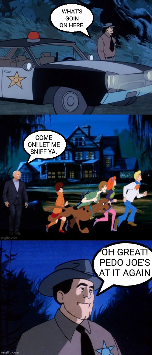 Scooby Doo Meet the Pedoo | WHAT'S GOIN ON HERE. COME ON! LET ME SNIFF YA. OH GREAT! PEDO JOE'S AT IT AGAIN | image tagged in scooby doo,joe biden,pedophile | made w/ Imgflip meme maker