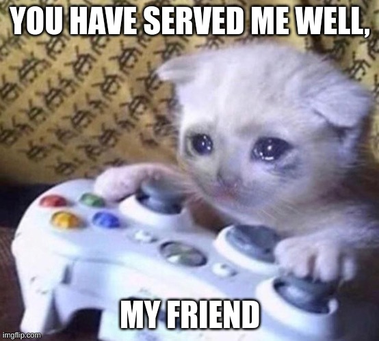 YOU HAVE SERVED ME WELL, MY FRIEND | image tagged in sad gamer cat | made w/ Imgflip meme maker