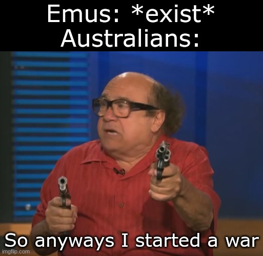 So anyways... we lost!????????????????????????????????????????????????????? | Emus: *exist*
Australians:; So anyways I started a war | image tagged in so anyways i started blasting no words | made w/ Imgflip meme maker