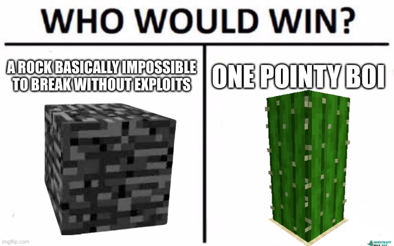 Who Would Win? | A ROCK BASICALLY IMPOSSIBLE TO BREAK WITHOUT EXPLOITS; ONE POINTY BOI | image tagged in memes,who would win | made w/ Imgflip meme maker