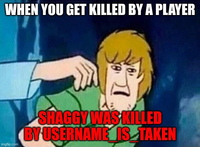 oh...... | WHEN YOU GET KILLED BY A PLAYER; SHAGGY WAS KILLED BY USERNAME_IS_TAKEN | image tagged in scooby doo shaggy | made w/ Imgflip meme maker