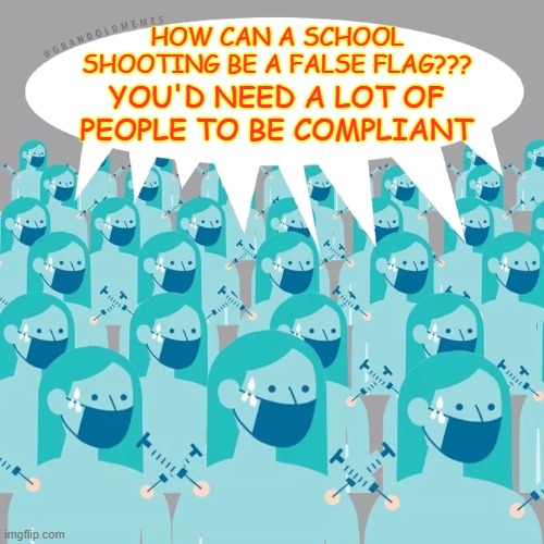 Compliance | YOU'D NEED A LOT OF PEOPLE TO BE COMPLIANT; HOW CAN A SCHOOL SHOOTING BE A FALSE FLAG??? | image tagged in npc vaccine | made w/ Imgflip meme maker