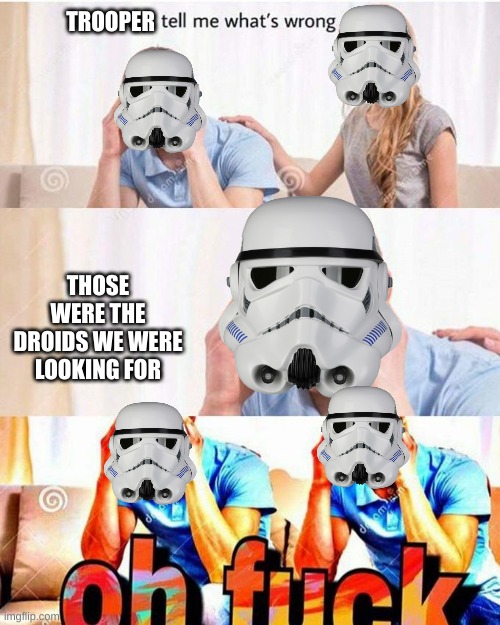 oh no | TROOPER; THOSE WERE THE DROIDS WE WERE LOOKING FOR | image tagged in honey tell me what's wrong,these aren't the droids you were looking for,stormtroopers | made w/ Imgflip meme maker