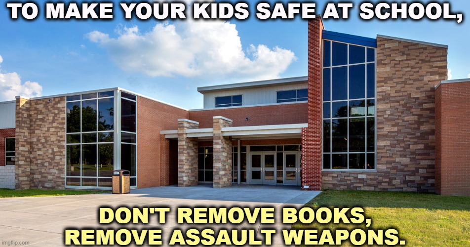 TO MAKE YOUR KIDS SAFE AT SCHOOL, DON'T REMOVE BOOKS,
REMOVE ASSAULT WEAPONS. | image tagged in safe,schools,books,assault weapons | made w/ Imgflip meme maker