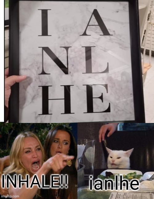 bruh | INHALE!! ianlhe | image tagged in memes,woman yelling at cat | made w/ Imgflip meme maker