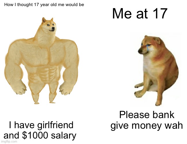 Buff Doge vs. Cheems Meme | Me at 17; How I thought 17 year old me would be; Please bank give money wah; I have girlfriend and $1000 salary | image tagged in memes,buff doge vs cheems | made w/ Imgflip meme maker