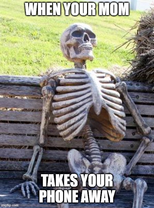 Waiting Skeleton | WHEN YOUR MOM; TAKES YOUR PHONE AWAY | image tagged in memes,waiting skeleton | made w/ Imgflip meme maker
