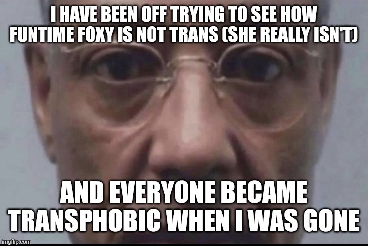 Irony levels are off the charts | I HAVE BEEN OFF TRYING TO SEE HOW FUNTIME FOXY IS NOT TRANS (SHE REALLY ISN'T); AND EVERYONE BECAME TRANSPHOBIC WHEN I WAS GONE | image tagged in take that back | made w/ Imgflip meme maker