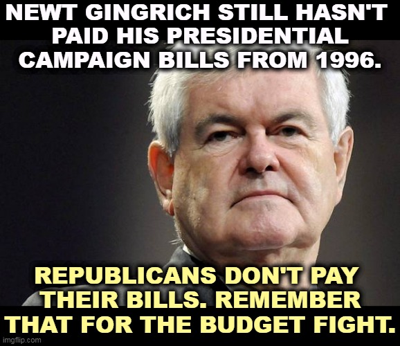 GOP, the Deadbeat Party | NEWT GINGRICH STILL HASN'T 
PAID HIS PRESIDENTIAL CAMPAIGN BILLS FROM 1996. REPUBLICANS DON'T PAY 
THEIR BILLS. REMEMBER THAT FOR THE BUDGET FIGHT. | image tagged in newt gingrich,deadbeat,bills,debt,national debt | made w/ Imgflip meme maker