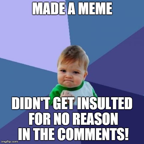 Just made my day! | MADE A MEME DIDN'T GET INSULTED FOR NO REASON IN THE COMMENTS! | image tagged in memes,success kid | made w/ Imgflip meme maker
