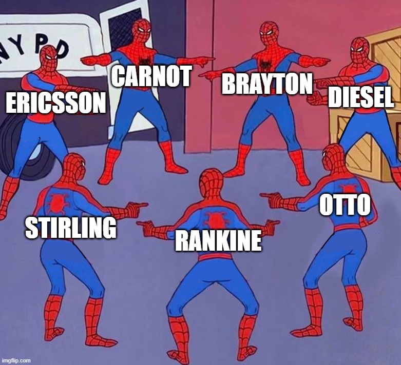 Thermodynamic cycles | BRAYTON; CARNOT; ERICSSON; DIESEL; OTTO; STIRLING; RANKINE | image tagged in same spider man 7,thermodynamics | made w/ Imgflip meme maker