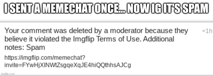 I SENT A MEMECHAT ONCE... NOW IG IT'S SPAM | made w/ Imgflip meme maker